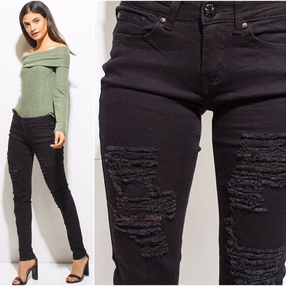 Black Distressed Denim Skinny Jeans - Picture 3 of 4